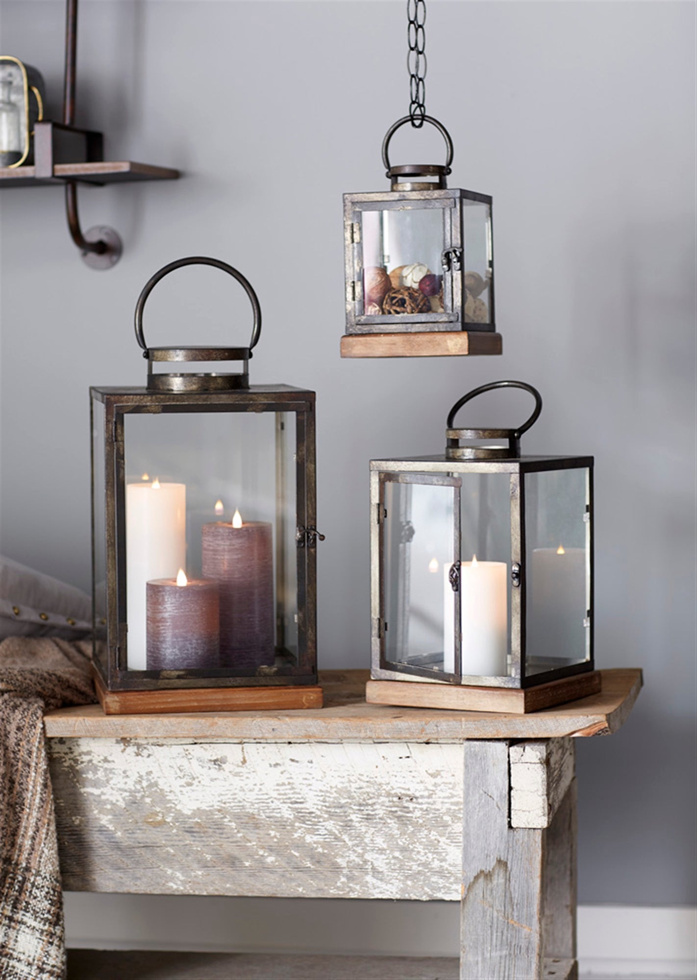 Metal Box Lantern with Wood Base (Set of 3)