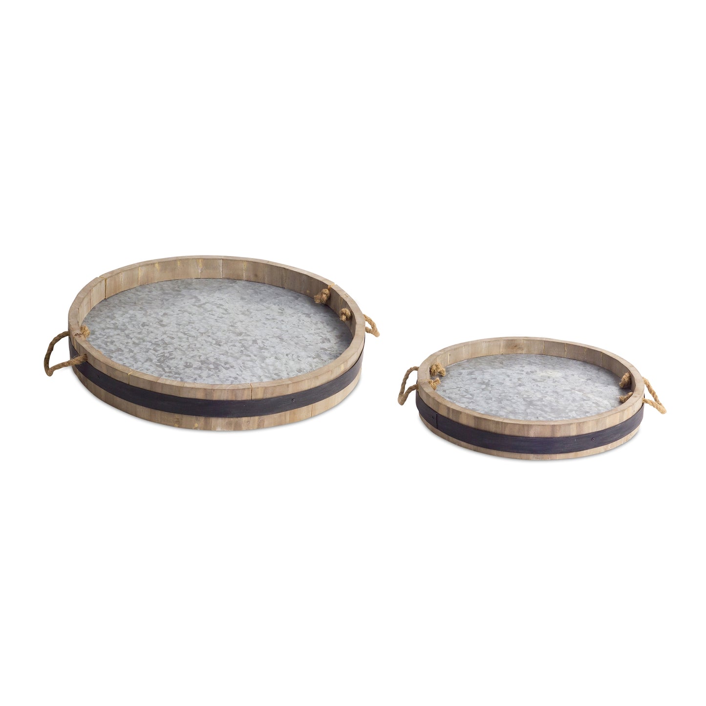 Wine Barrel Tray with Galvanized Metal Finish (Set of 2)