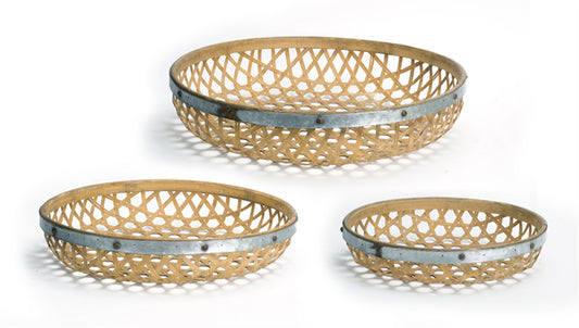 Round Woven Bamboo Tray with Galvanized Metal Accent (Set of 3)