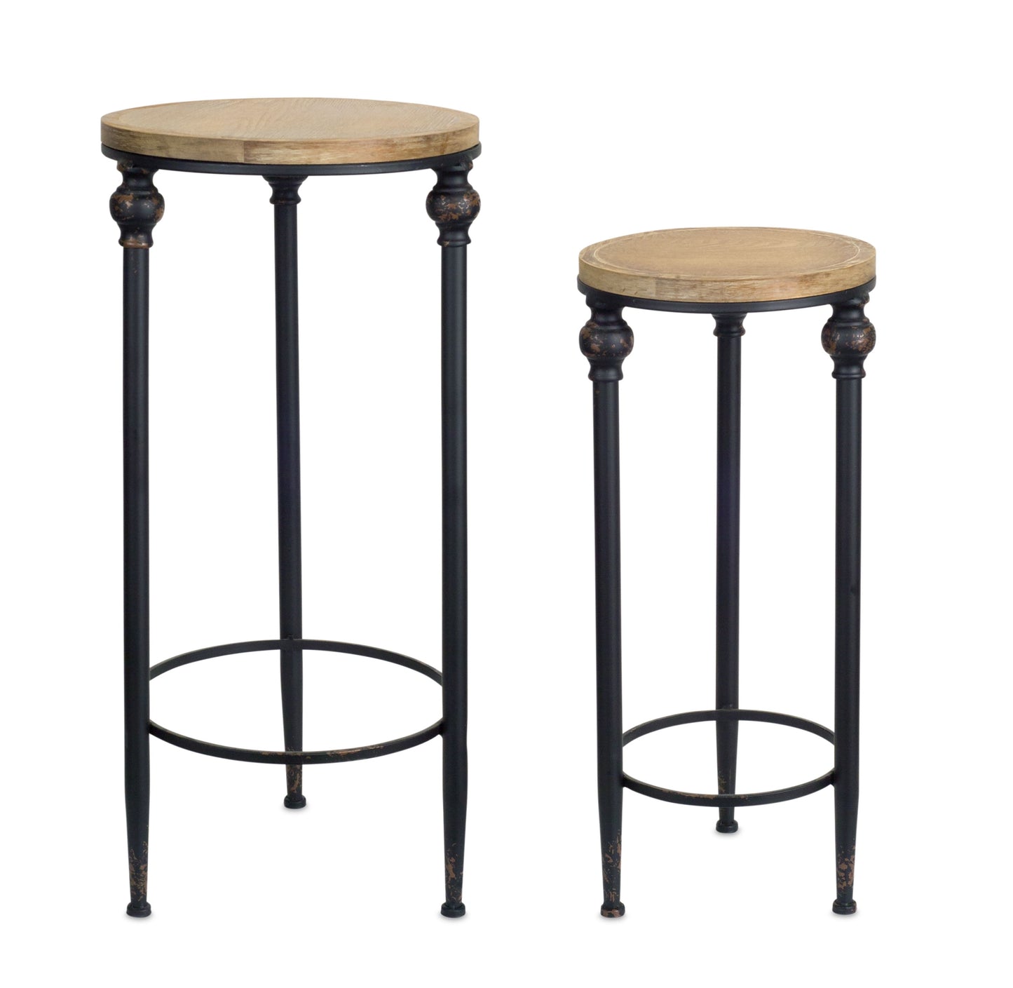 Round Wood and Metal Plant Stand Table (Set of 2)