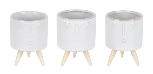 Porcelain Face Planter with Wooden Legs (Set of 3)