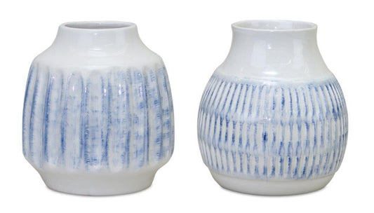 Ribber Ceramic Vase with Washed Blue Finish (Set of 2)