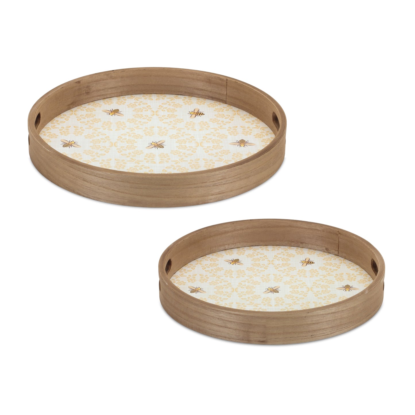 Round Bumble Bee Tray with Natural Wooden Accents (Set of 2)