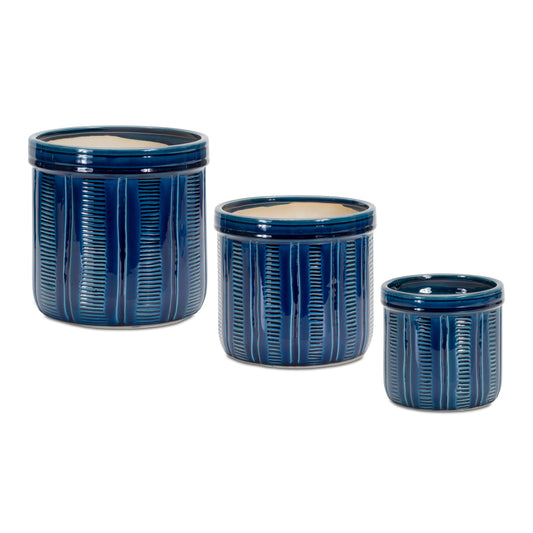 Blue Etched Terra Cotta Pot Planter (Set of 3)