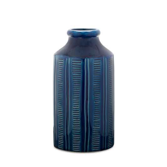 Blue Etched Terra Cotta Vase 10"H