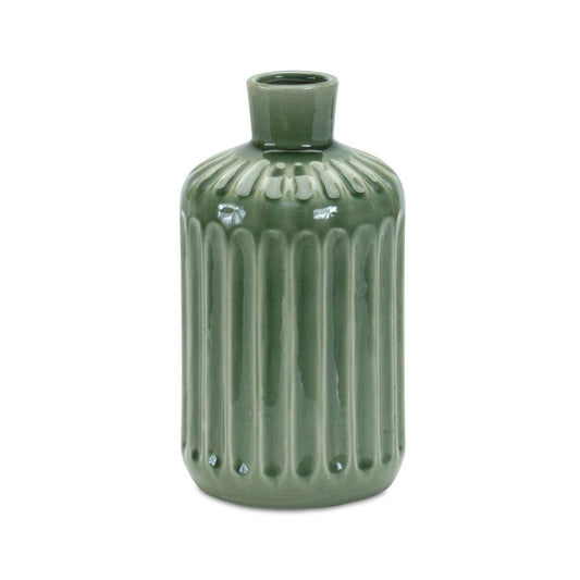 Green Ribbed Terra Cotta Vase 9"H