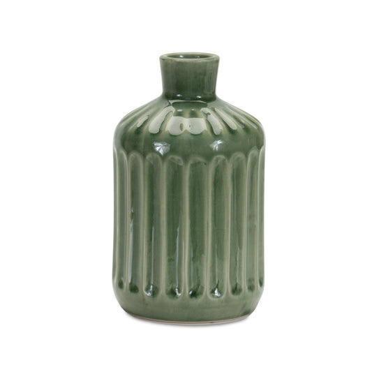 Green Ribbed Terra Cotta Vase 7"H