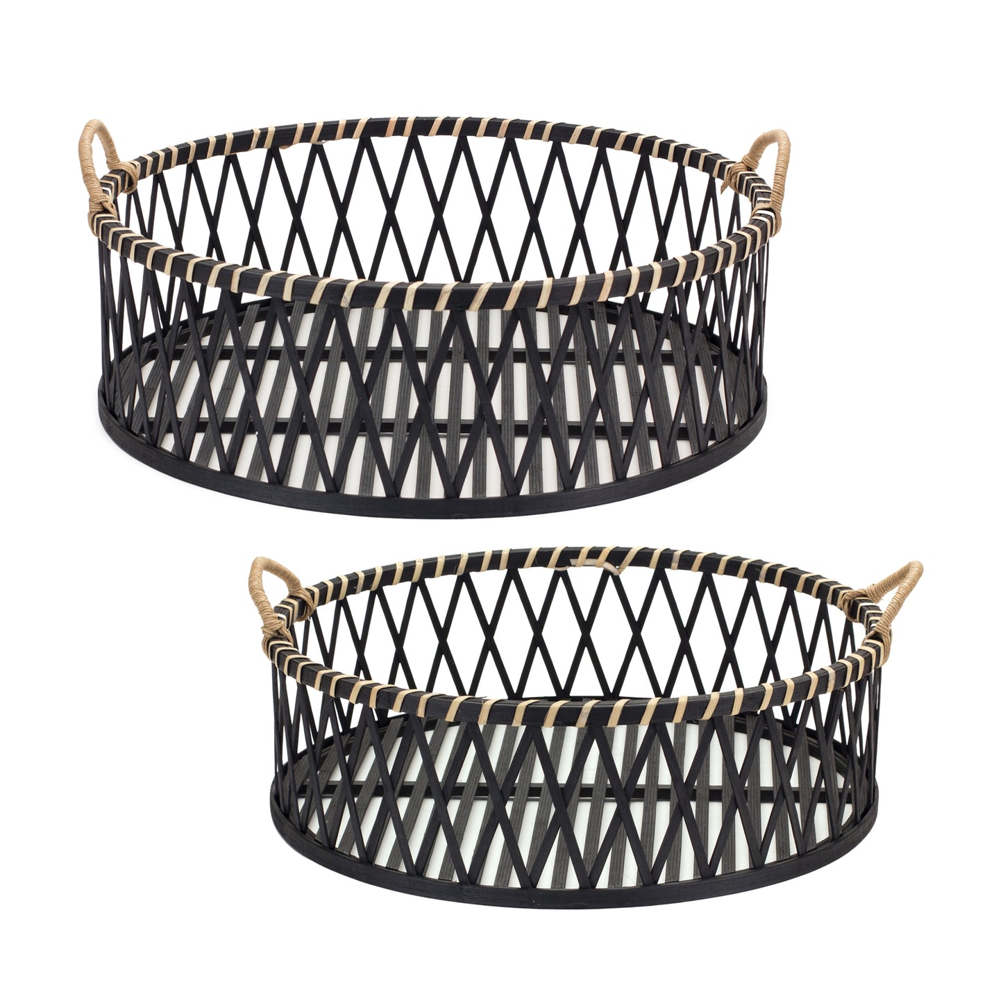 Round Woven Bamboo Trays with Rattan Handle Accent (Set of 2)