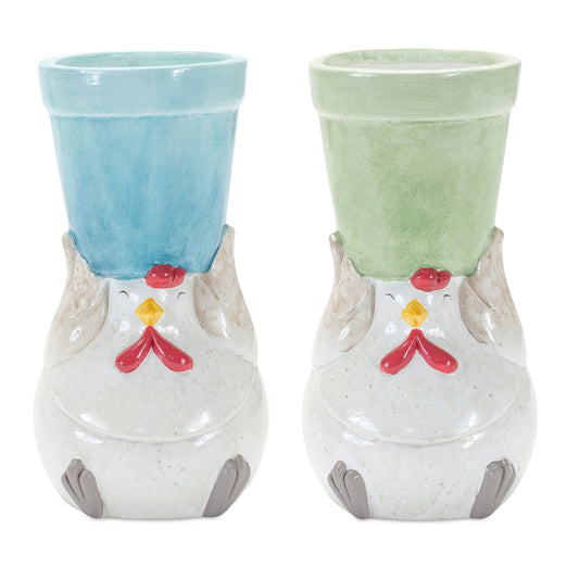 Whimsical Terra Cotta Chicken with Flower Pot (Set of 4)