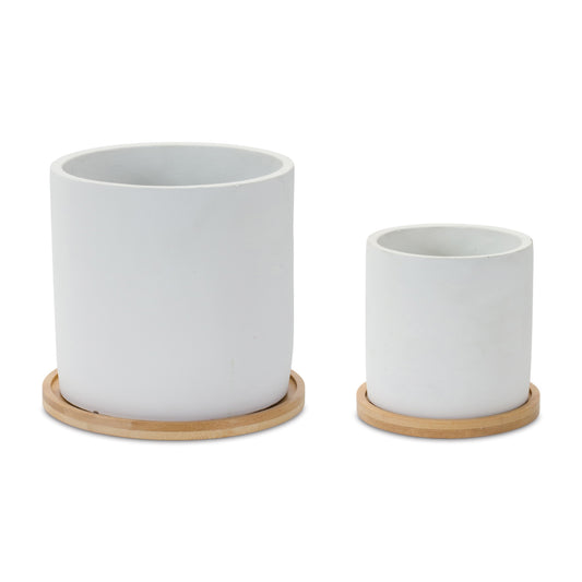 White Stone Planter with Wood Plate (Set of 2)