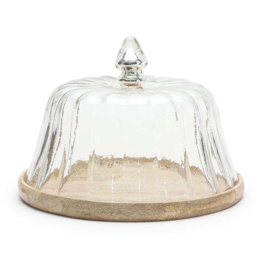 Glass Cloche with Wood Plate 9.75"D