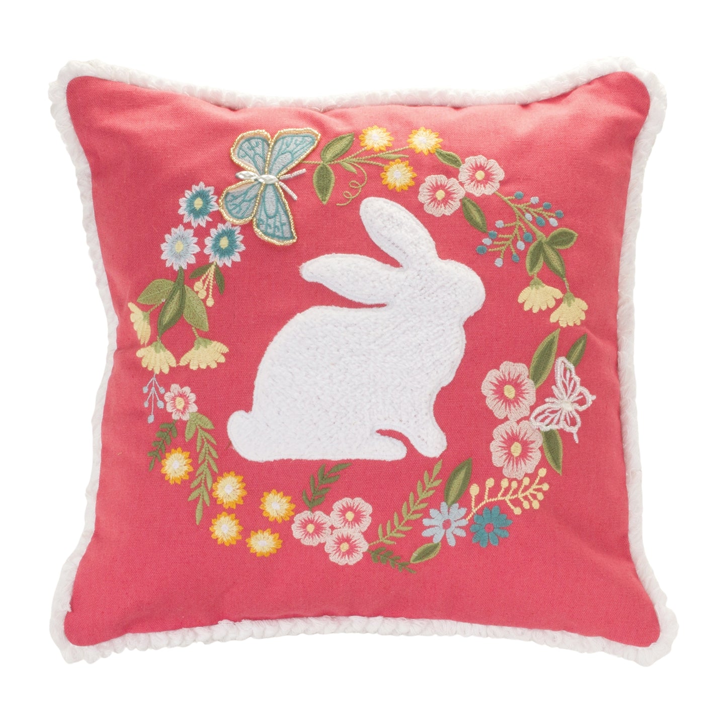 Embroidered Rabbit Floral Pillow 16"SQ