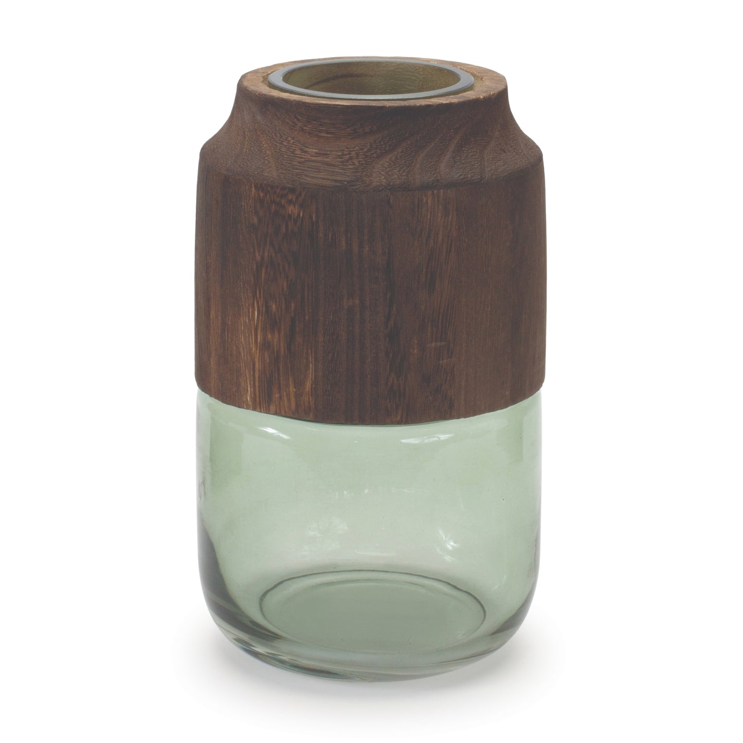 Sage Glass Vase with Wood Accent 9"H