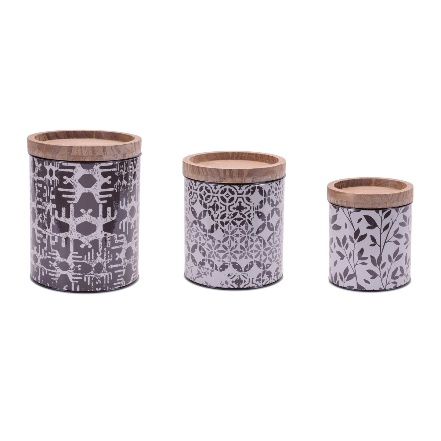 Metal Patterned Canister with Natural Wood Lid (Set of 3)