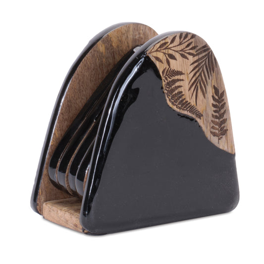 Floral Etched Wood Coaster with Holder (Set of 4)