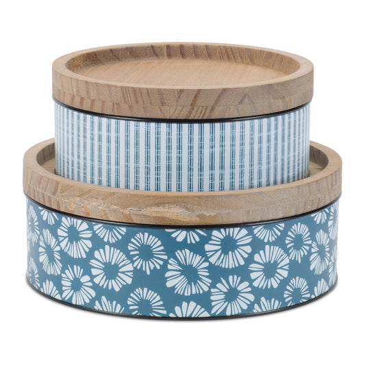 Metal Patterned Canister with Natural Wood Lid (Set of 2)