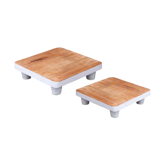 Natural Wood Pedestal Tray (Set of 2)