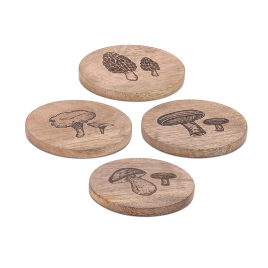Mushroom Etched Mango Wood Coaster (Set of 4)